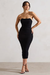 Black Ruched Corset Bodycon Midi Dress
